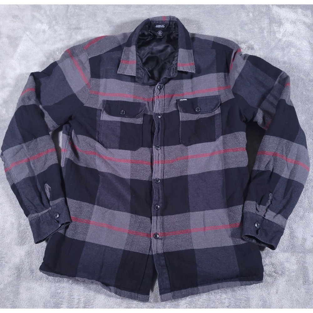 Volcom Trademan Plaid Flannel Taffeta Quilt Lined Shirt Mens L Gray Black Red